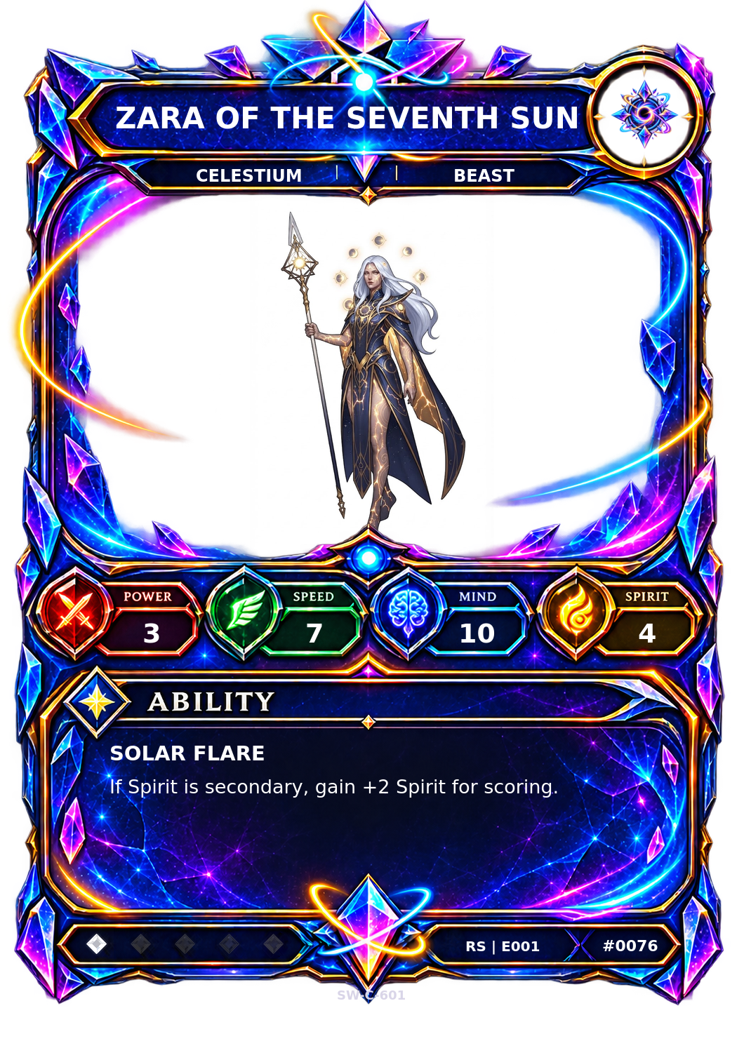 Rendered Zara of the Seventh Sun Resonance Champion card