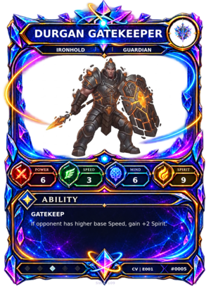 Rendered Durgan Gatekeeper Convergence Champion card