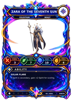 Rendered Zara of the Seventh Sun Resonance Champion card