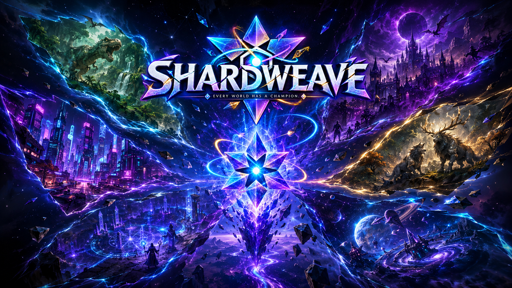 Shardweave worlds converging around a luminous crystalline aperture